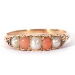 Vintage pearl and coral bead ring, alternate set with three split seed pearls and two coral beads,