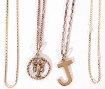 Mixed Lot: 9ct gold letter 'J' pendant on a 9ct gold oval link chain, a 9ct gold zodiac pendant '