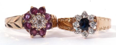 Mixed Lot: 9ct gold ruby and small diamond cluster ring, size K, together with a 9ct gold sapphire