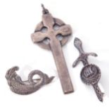 Mixed Lot: An Iona St Martin's Cross pendant, 7cm long, a Iona Scottish sea serpent brooch,