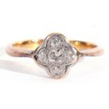 Antique five stone diamond ring, the shield shaped plaque centring an old cut diamond in a