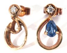Pair of 18ct gold sapphire and diamond open work earrings centring a suspended pear shaped