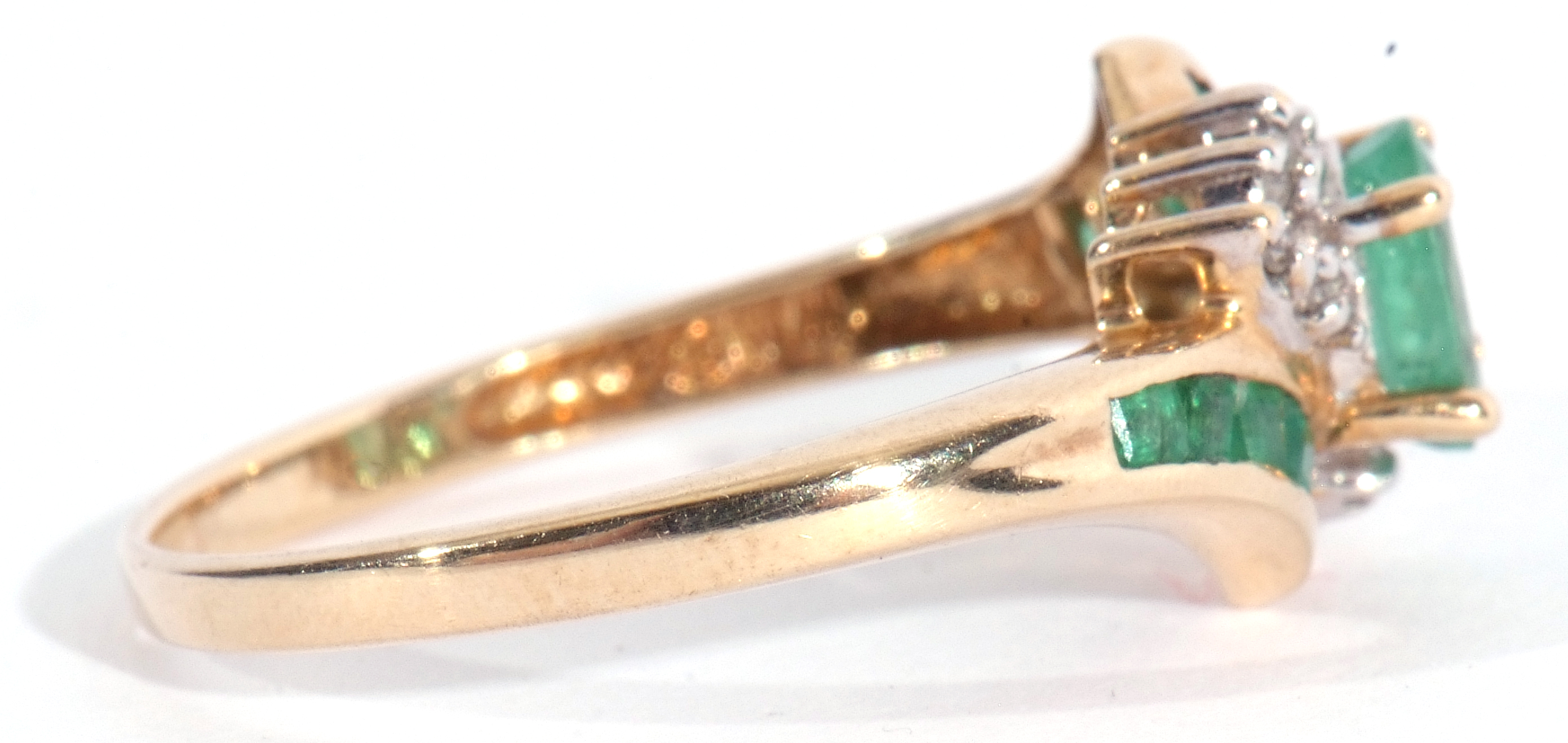 Modern 10K stamped diamond and synthetic emerald cluster ring, centring an oval faceted stone - Image 6 of 7