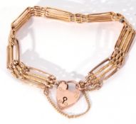 9ct stamped four bar gate bracelet, a plain and textured design to a heart padlock and chain