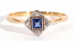 Art Deco small sapphire and diamond ring, the square shaped calibre cut sapphire framed in a
