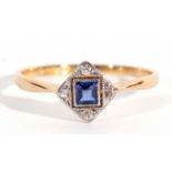 Art Deco small sapphire and diamond ring, the square shaped calibre cut sapphire framed in a