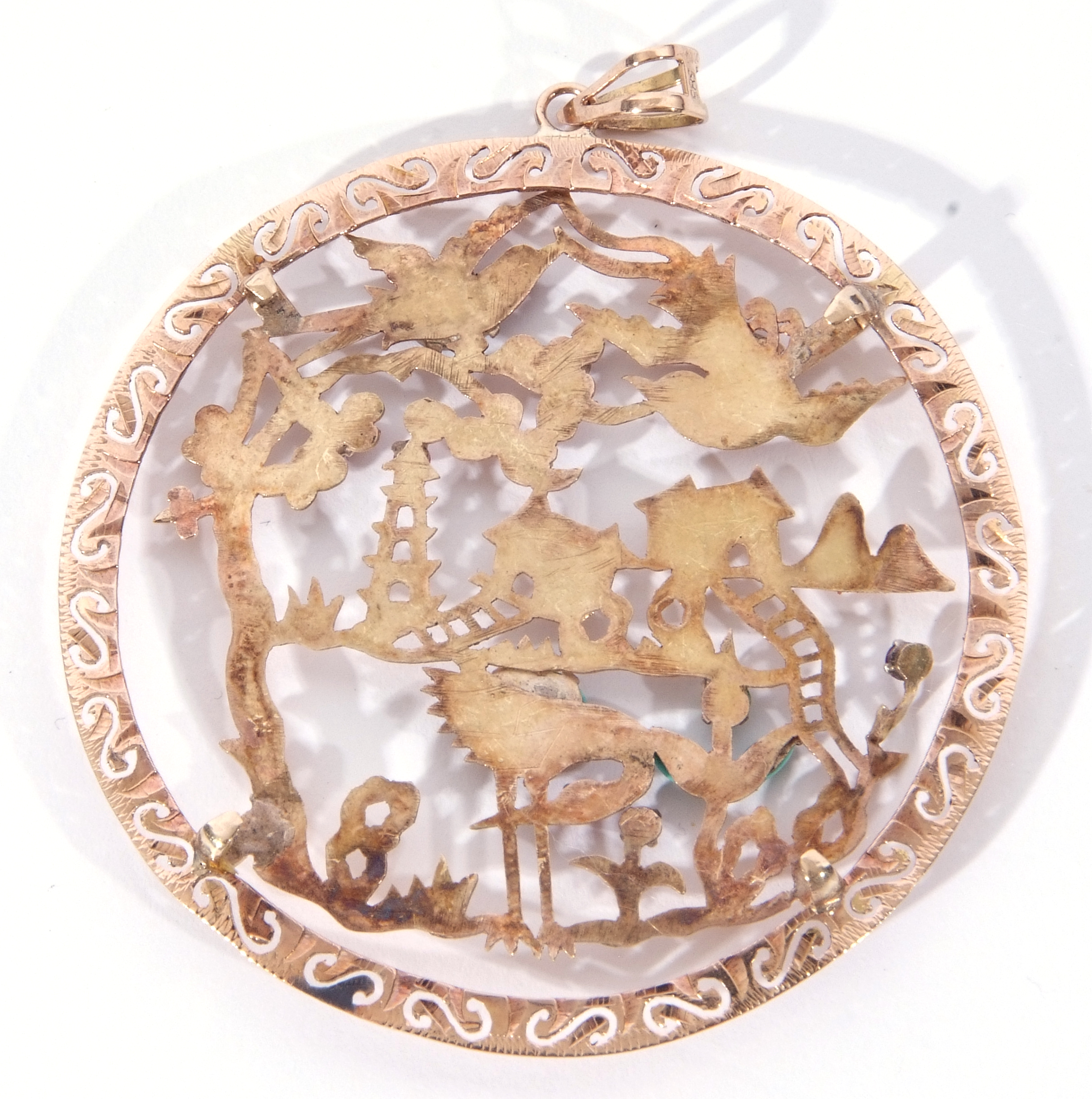 Large Chinese open work pendant, a pagoda landscape highlighted with opals, turquoises, rubies and - Image 4 of 4