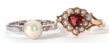 Mixed Lot: 14K stamped cultured pearl ring, the pearl 6mm diam, raised between small diamond set