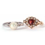 Mixed Lot: 14K stamped cultured pearl ring, the pearl 6mm diam, raised between small diamond set