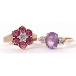 Mixed Lot: 9ct gold ruby and diamond cluster ring of flowerhead design featuring a small diamond and