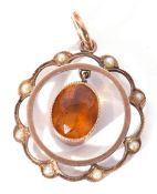 Citrine and seed pearl open work pendant of circular shape, 2cm diam, suspending an articulated oval