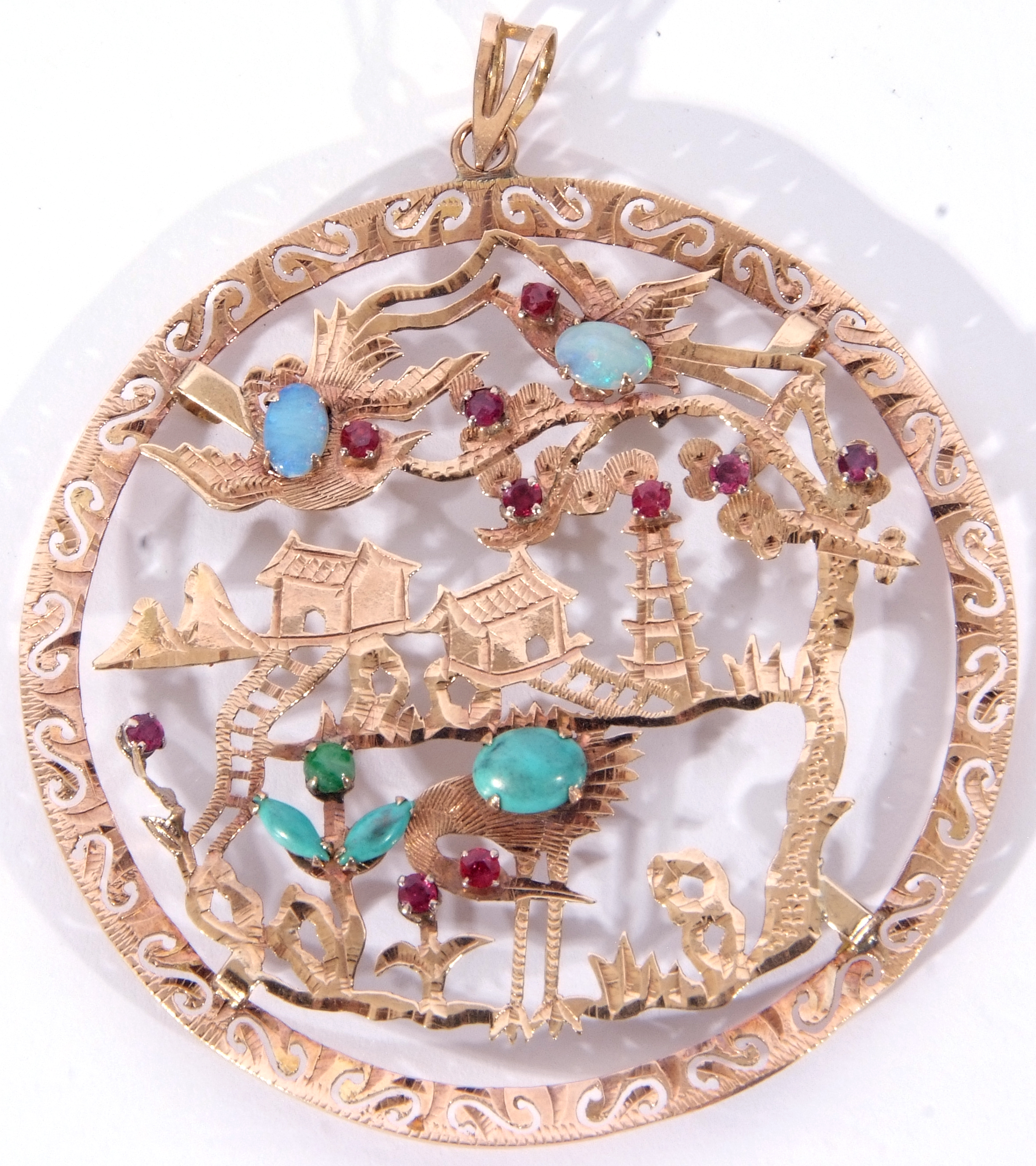 Large Chinese open work pendant, a pagoda landscape highlighted with opals, turquoises, rubies and - Image 2 of 4
