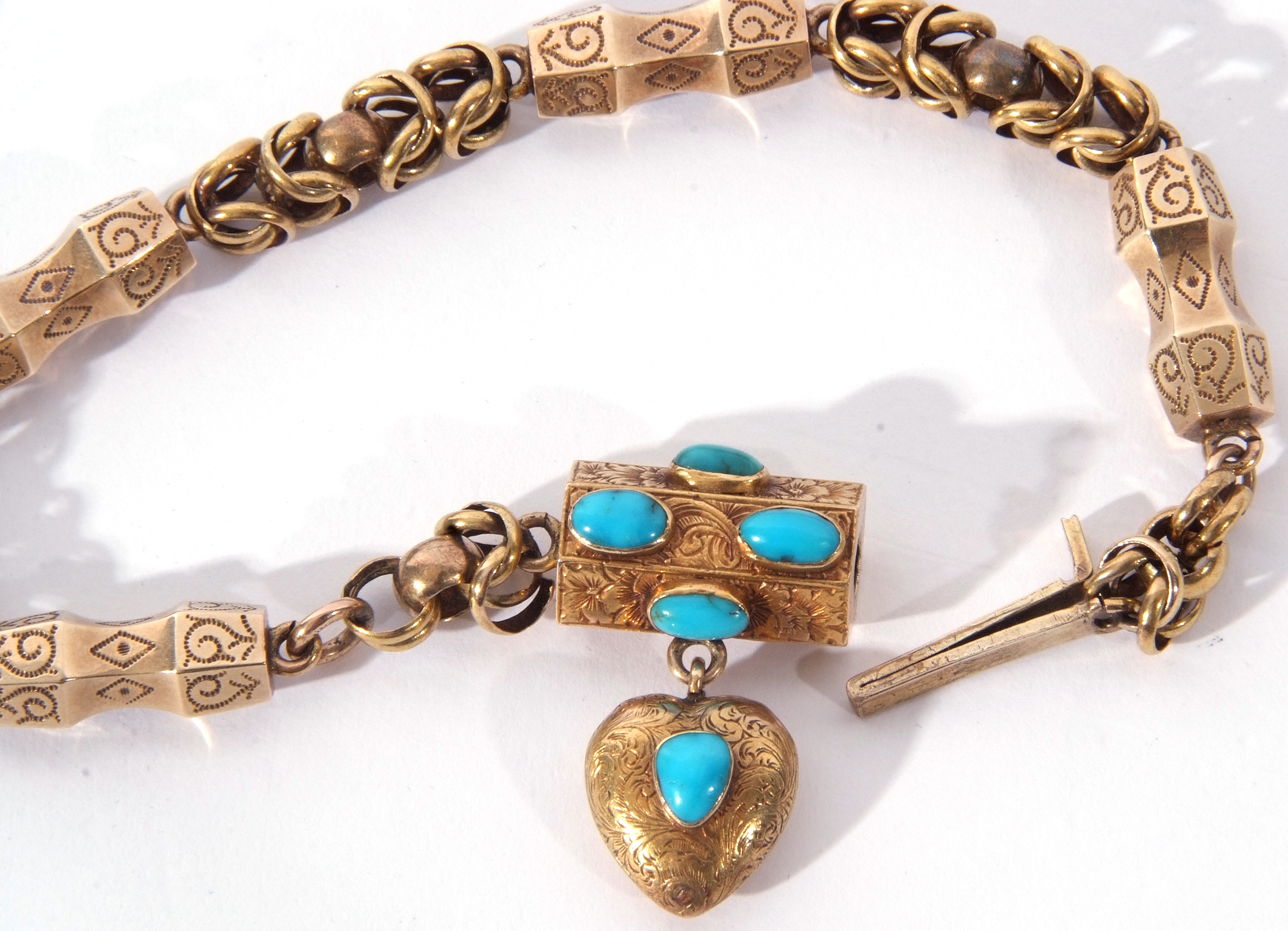 Victorian gold turquoise set bracelet, the engraved and chased clasp set drop with four oval - Image 3 of 5