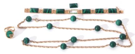 Mixed Lot: 9ct gold and malachite bracelet, a design featuring 7 domed shaped rectangular