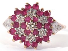 9ct gold ruby and diamond cluster ring featuring six small diamonds illusion set within a small ruby