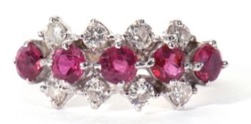 18ct white gold small size ruby and diamond cluster ring featuring a line of five circular cut