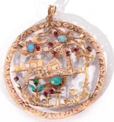 Large Chinese open work pendant, a pagoda landscape highlighted with opals, turquoises, rubies and