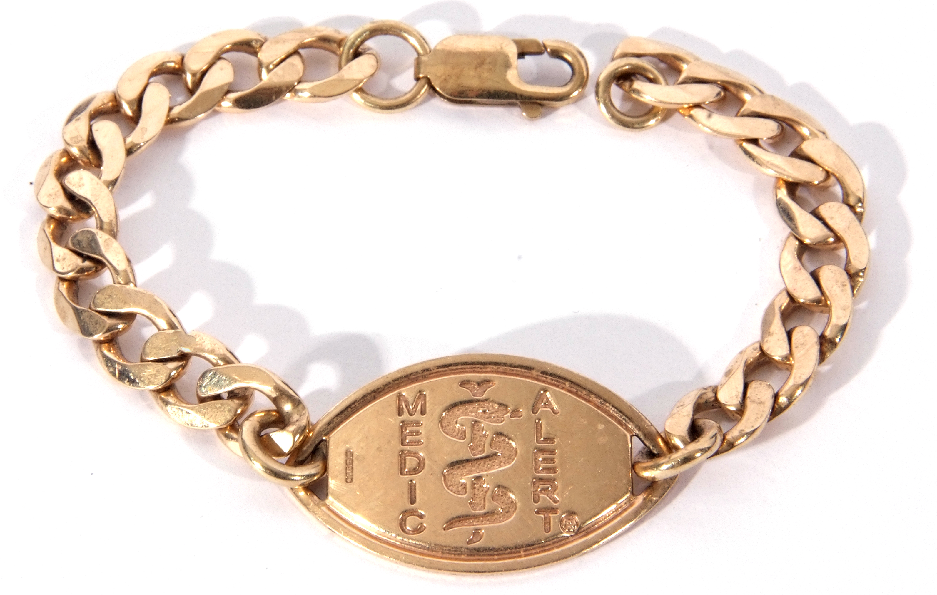 9ct gold Medic Alert bracelet, the oval panel engraved verso with allergies, to a flattened curb