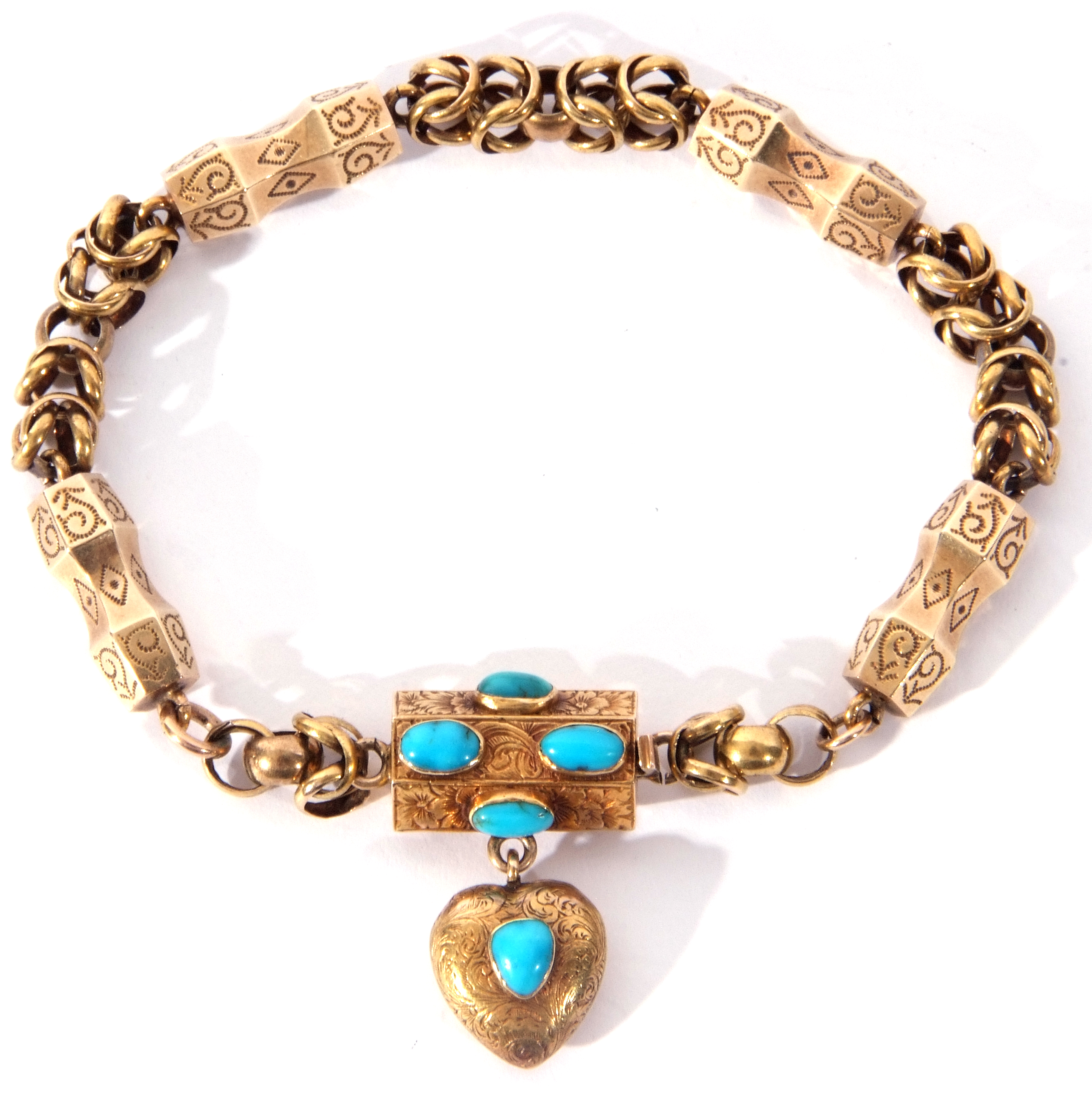 Victorian gold turquoise set bracelet, the engraved and chased clasp set drop with four oval