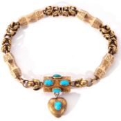 Victorian gold turquoise set bracelet, the engraved and chased clasp set drop with four oval