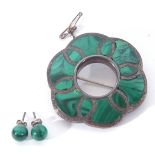 Antique malachite and inlaid silver openwork brooch, 5cm diam, together with a pair of marcasite