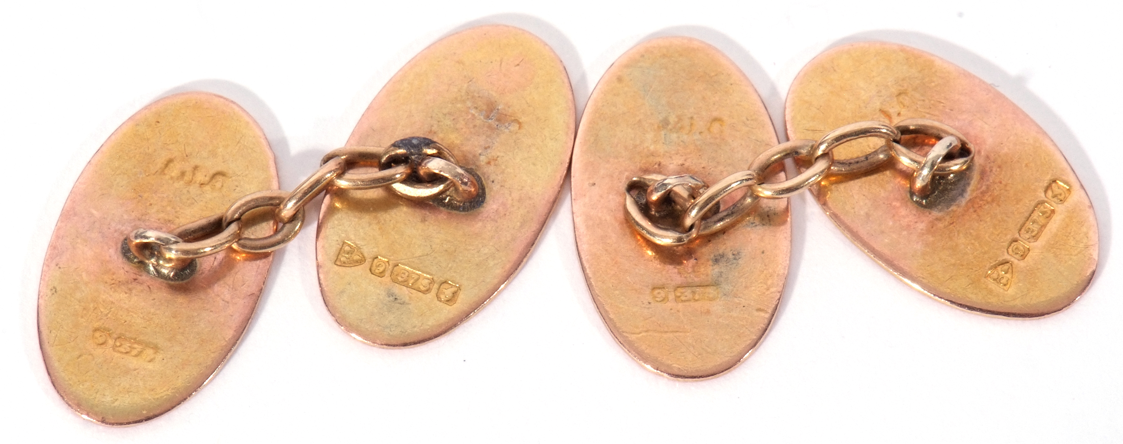 Pair of 9ct gold cuff links, oval shaped, each panel engraved with a monogram, chain connectors, - Image 3 of 3