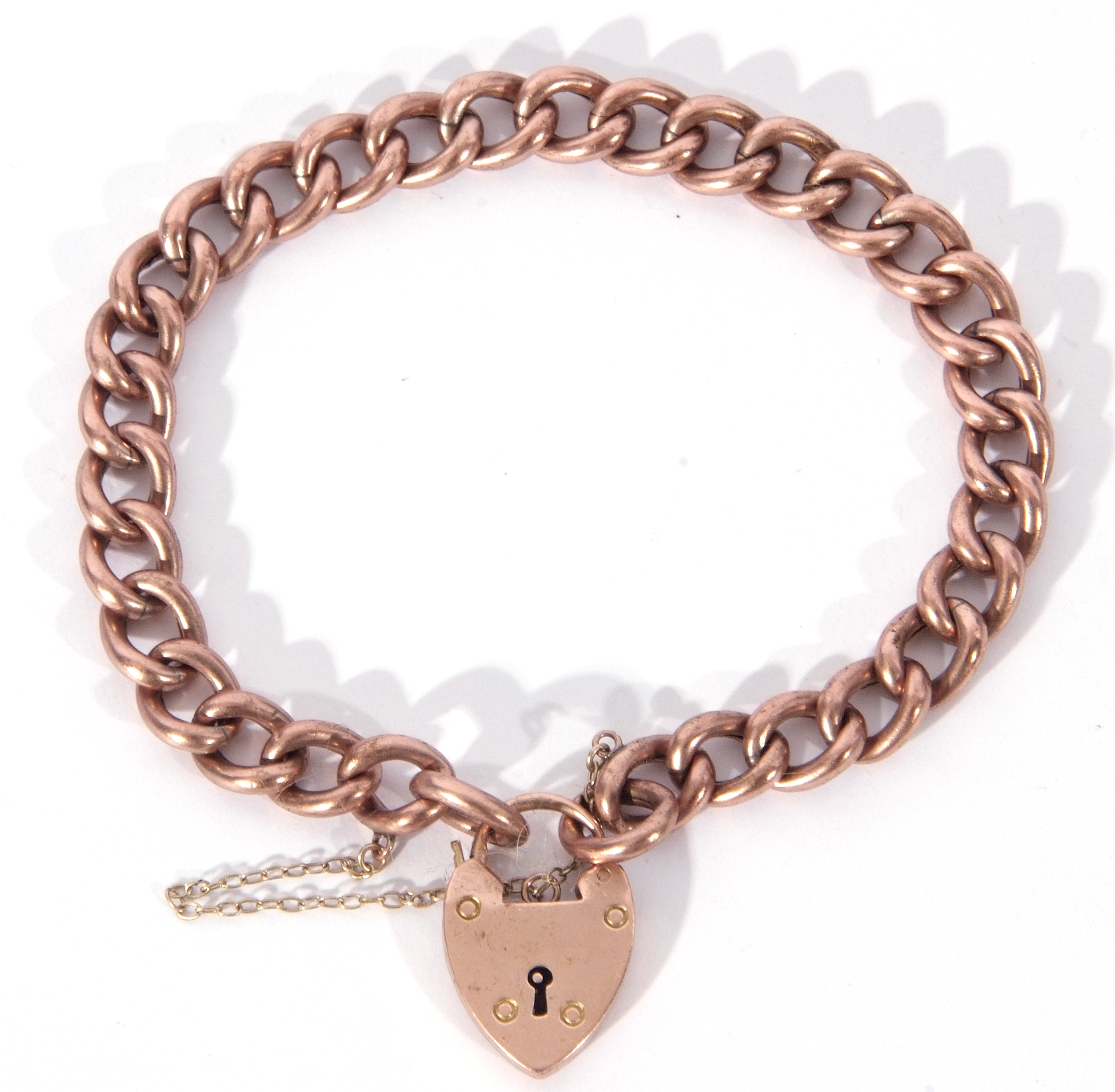 Antique 9ct gold curb link bracelet, rose coloured, heart and safety chain fitting, 14.3gms