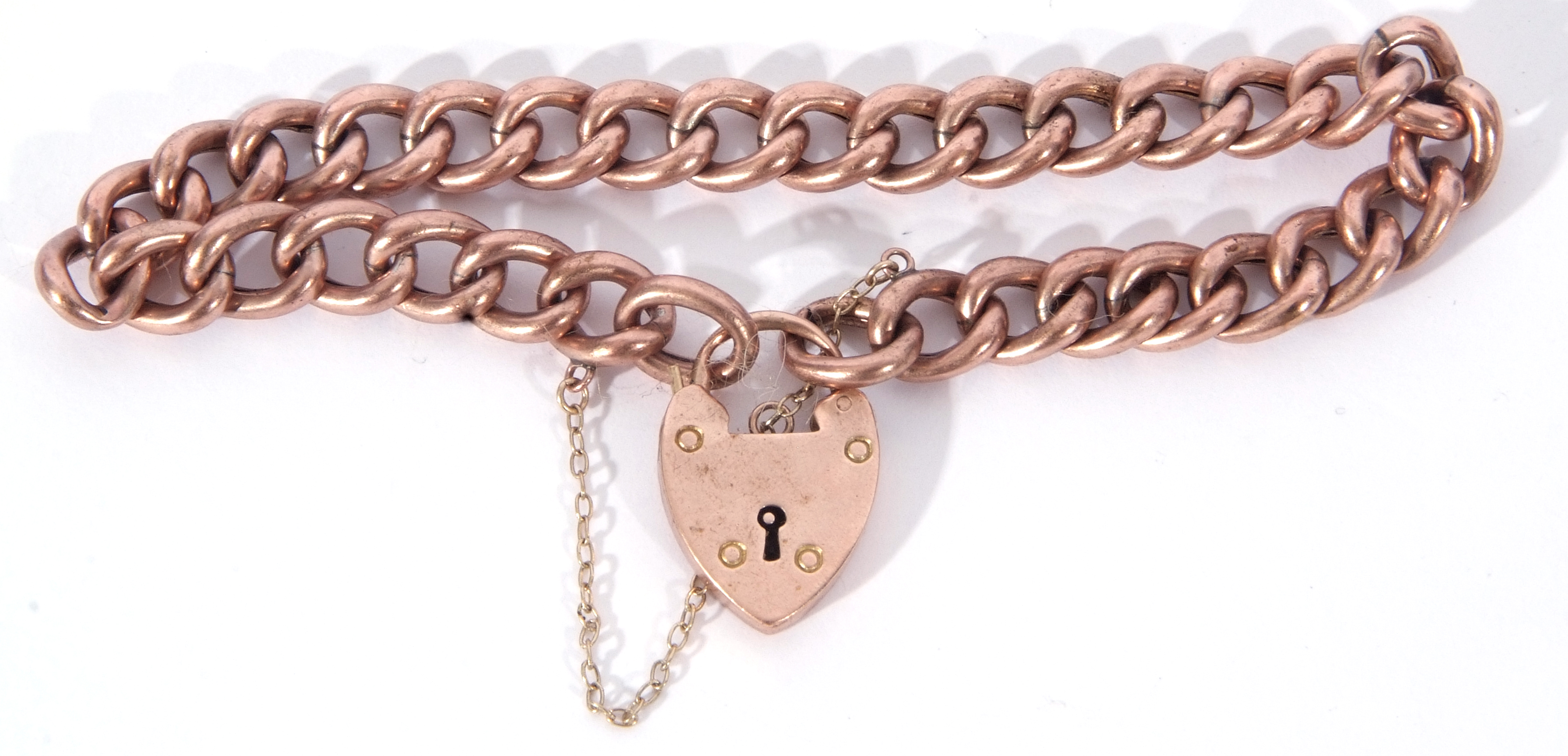 Antique 9ct gold curb link bracelet, rose coloured, heart and safety chain fitting, 14.3gms - Image 2 of 3