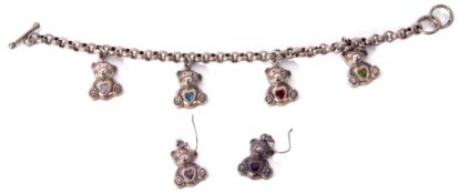 925 stamped teddy bear bracelet with four teddy bear pendants each with different coloured heart