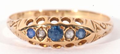 Antique 18ct gold sapphire and diamond ring of boat shape, alternate set with three small