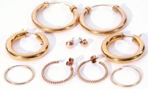 Mixed Lot: two pairs of 9ct gold plain and polished hoop earrings, a pair of rope twist 9ct gold