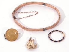 Mixed Lot: 9ct gold hinged bracelet (repaired), a 9ct gold Viking ship pendant, a Napoleon III 5