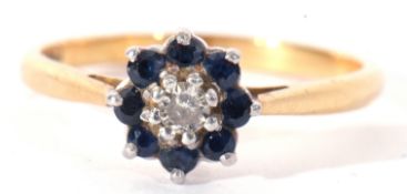 18ct and Plat stamped sapphire and diamond cluster ring, size L