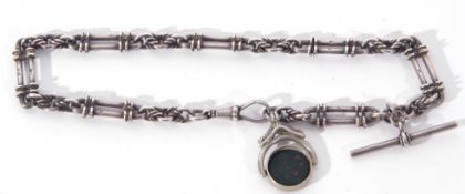 Antique silver watch chain, a trombone and knotted link design with T-bar clip and swivel fob, g/w