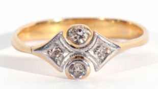 Precious metal four stone diamond shield shape ring featuring two small old cut diamonds in bezel