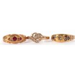 Mixed Lot: two 18ct gold rings, ruby and diamond set (two stones missing), seed pearl set, four