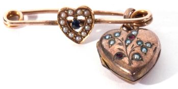 Yellow metal antique pin brooch centring a seed pearl and small sapphire heart, together with a seed