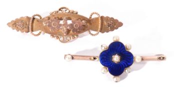 Mixed Lot: Victorian enamel and seed pearl on a knife edge bar, 3.5cm long (two seed pearls missing)