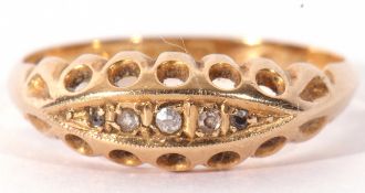 Early 20th century 18ct gold five stone diamond ring of boat shape, featuring five small graduated