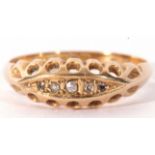 Early 20th century 18ct gold five stone diamond ring of boat shape, featuring five small graduated