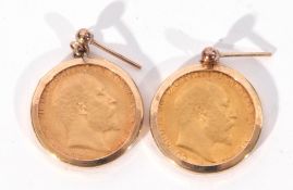 Two Edward VII gold half-sovereigns, dated 1910, each framed in a 9ct gold earring mount, with