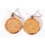 Two Edward VII gold half-sovereigns, dated 1910, each framed in a 9ct gold earring mount, with