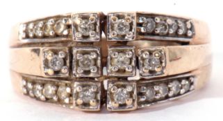 9ct gold and diamond ring, a stylised design with three graduated rows of 24 small graduated