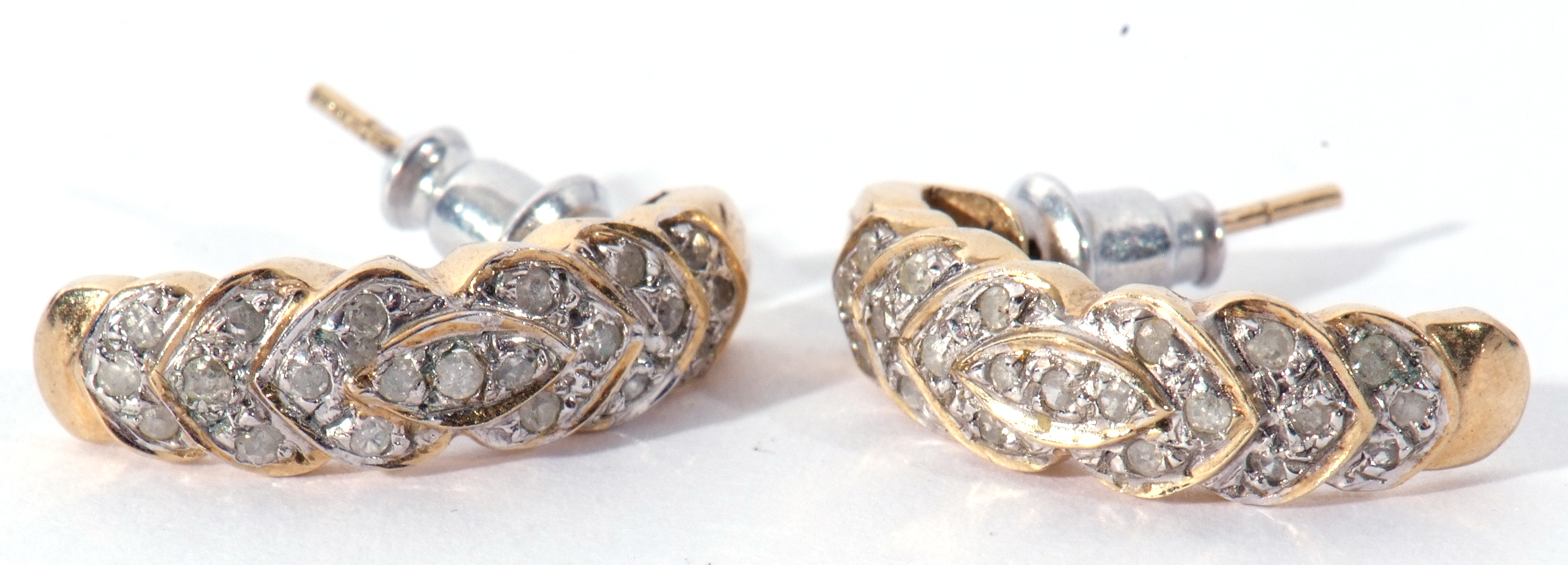 Pair of 9ct gold diamond set half hoop earrings, post fittings