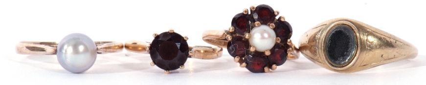 Mixed Lot: 9ct gold garnet and pearl cluster ring, a grey cultured pearl ring, a single garnet stone