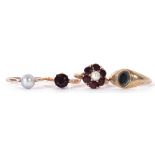 Mixed Lot: 9ct gold garnet and pearl cluster ring, a grey cultured pearl ring, a single garnet stone