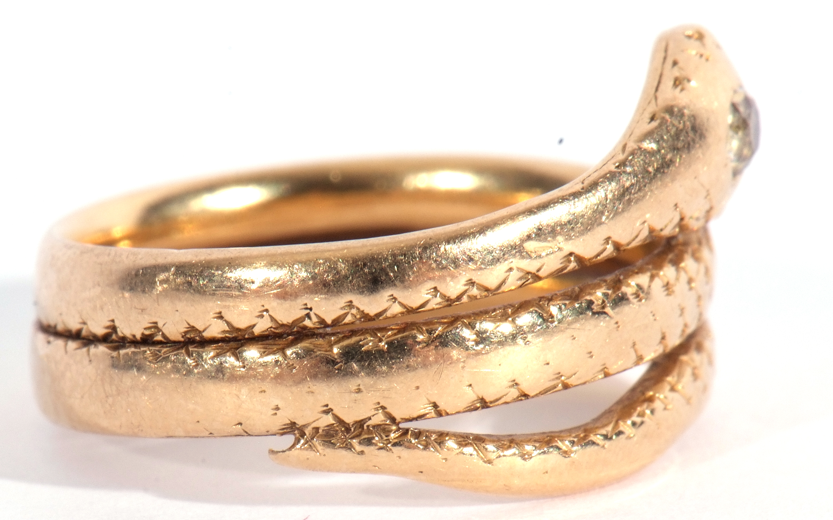 Early 20th century 18ct gold and diamond serpent ring, the head set with a small old cut diamond, - Image 5 of 6