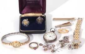 Mixed Lot: white metal to include fob watch with enamel dial (a/f), ladies Rotary and Aviva wrist