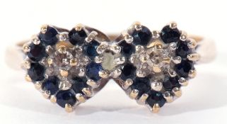 9ct gold sapphire and diamond set double heart ring, raised in coronet setting, size O