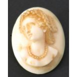 Vintage carved celluloid oval cameo brooch, a head and shoulders profile of a classical lady, 3.5